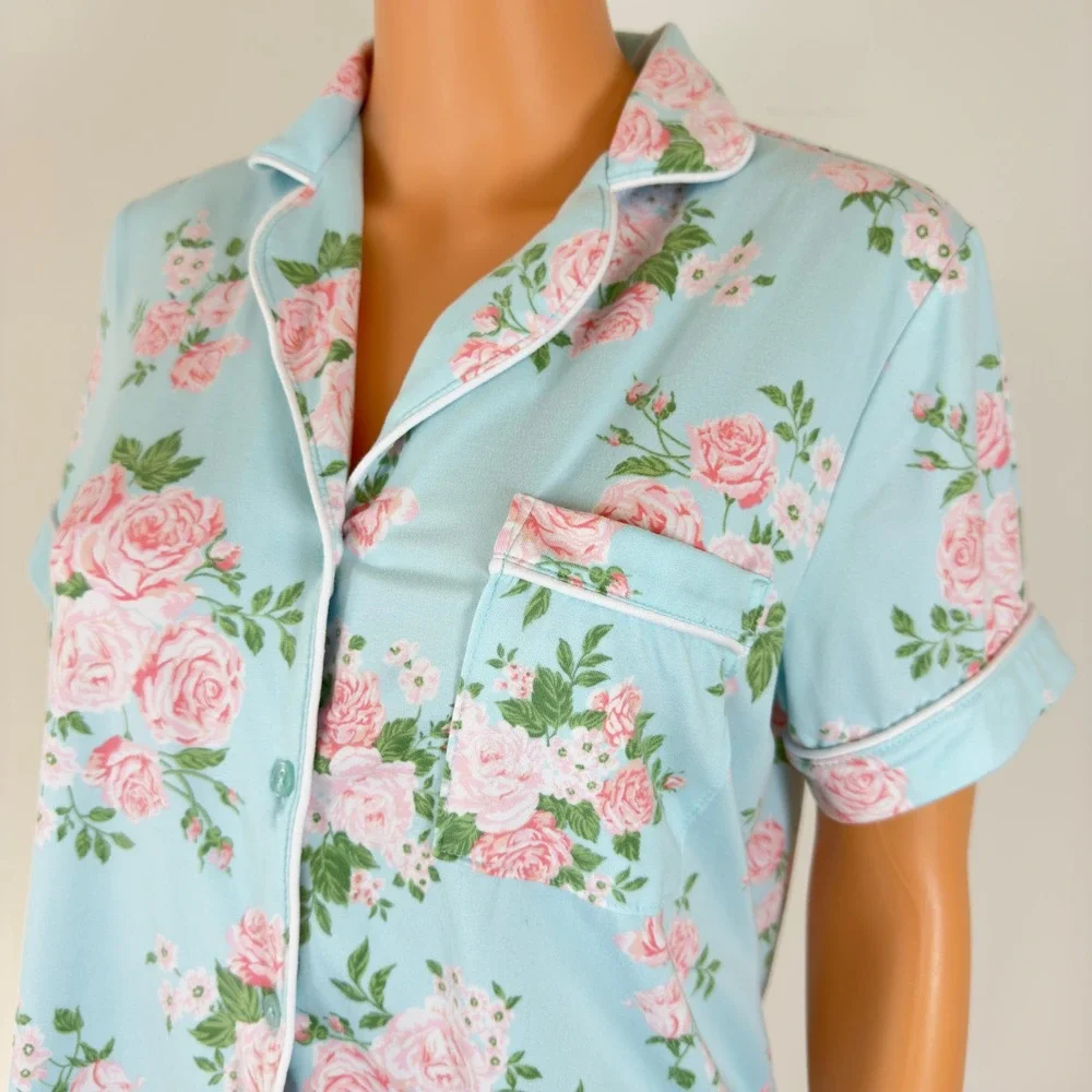 Joyspun Blue Pink Rose Floral Pajama Set Short Sleeve Top Shorts Small 4-6 - Picture 6 of 14